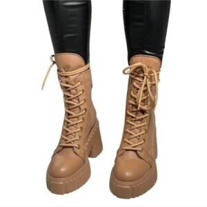 AGL Tan Leather Lace Up‎ Lug Sole Platform Heel Ankle Boots